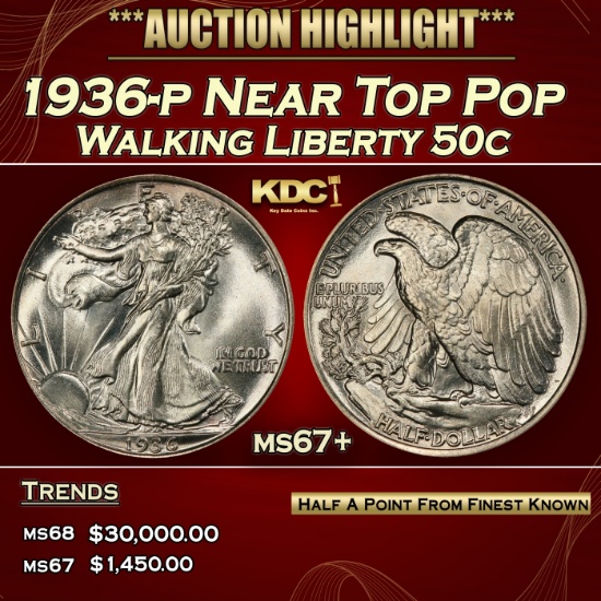 1936-p Walking Liberty Half Dollar Near Top Pop 50c ms67+ SEGS