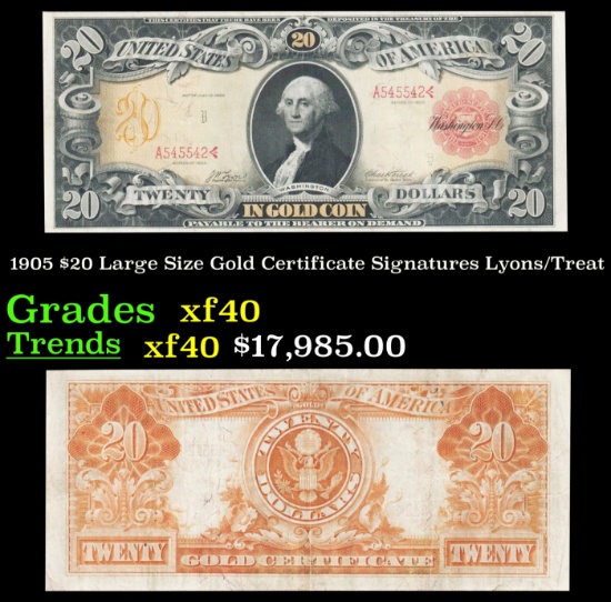 1905 $20 Large Size Gold Certificate Grades xf Signatures Lyons/Treat