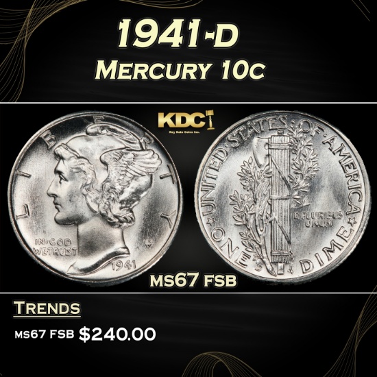 1941-d Mercury Dime 10c ms67 fsb SEGS