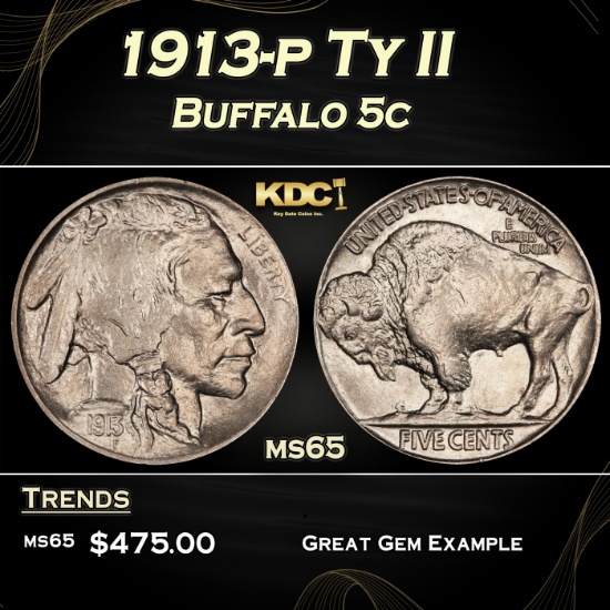 1913-p Ty II Buffalo Nickel 5c Grades ms65
