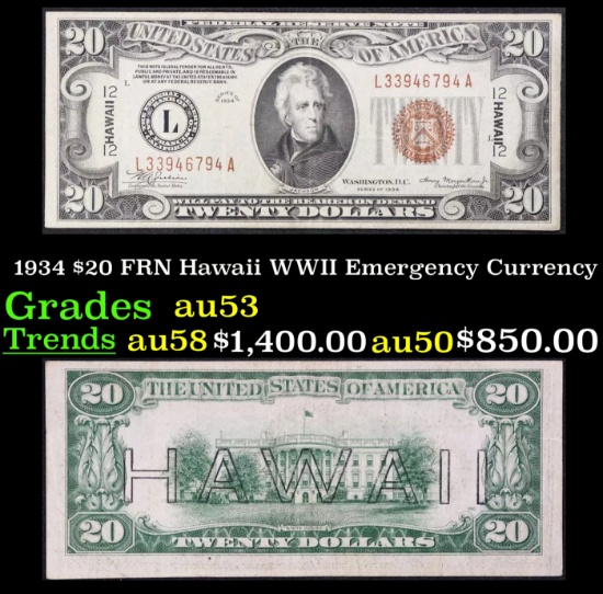 1934 $20 FRN Hawaii WWII Emergency Currency Grades Select AU