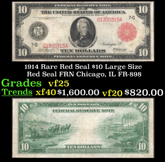 1914 $10 Large Size Red Seal FRN Rare Red Seal Chicago, IL Grades vf+ FR-898