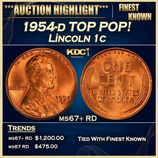1954-d Lincoln Cent TOP POP! 1c ms67+ RD SEGS