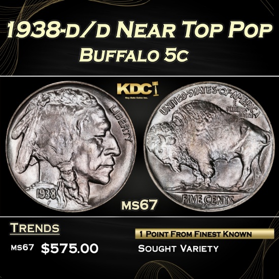 1938-d/d Buffalo Nickel Near Top Pop 5c ms67 SEGS