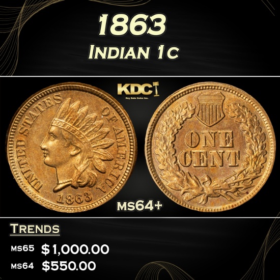 1863 Indian Cent 1c Grades ms64+