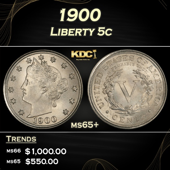 1900 Liberty Nickel 5c ms65+ SEGS