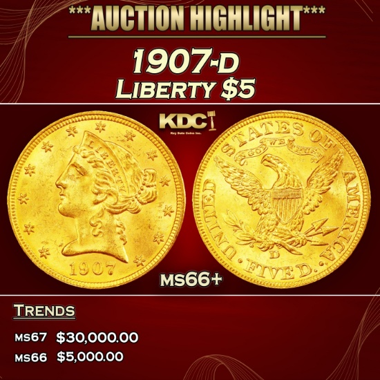 1907-d Gold Liberty Half Eagle $5 ms66+ SEGS