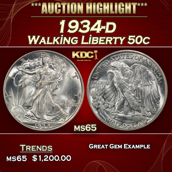 1934-d Walking Liberty Half Dollar 50c ms65 SEGS