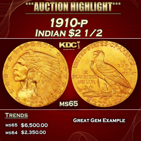 1910-p Gold Indian Quarter Eagle $2 1/2 ms65 SEGS