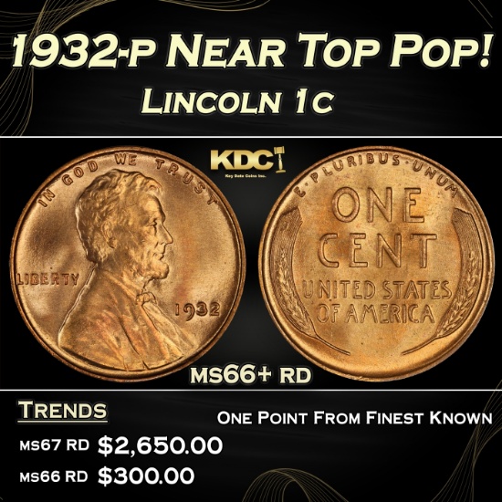 1932-p Lincoln Cent Near Top Pop! 1c ms66+ rd SEGS