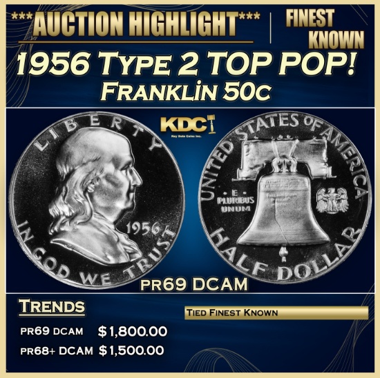 1956 Type 2 Proof Franklin Half Dollar TOP POP! 50c pr69 DCAM SEGS
