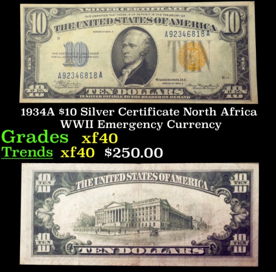 1934A $10 Silver Certificate North Africa WWII Emergency Currency Grades xf