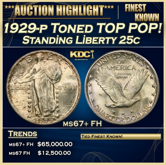1929-p Standing Liberty Quarter Toned TOP POP! 25c ms67+ FH SEGS