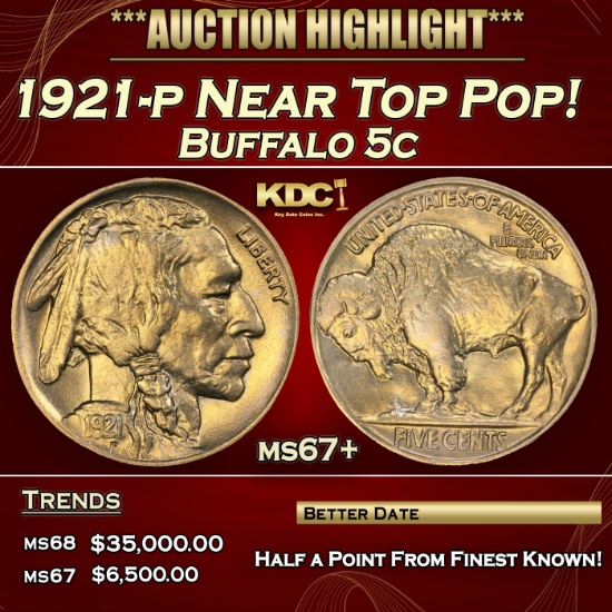 1921-p Buffalo Nickel Near Top Pop! 5c ms67+ SEGS