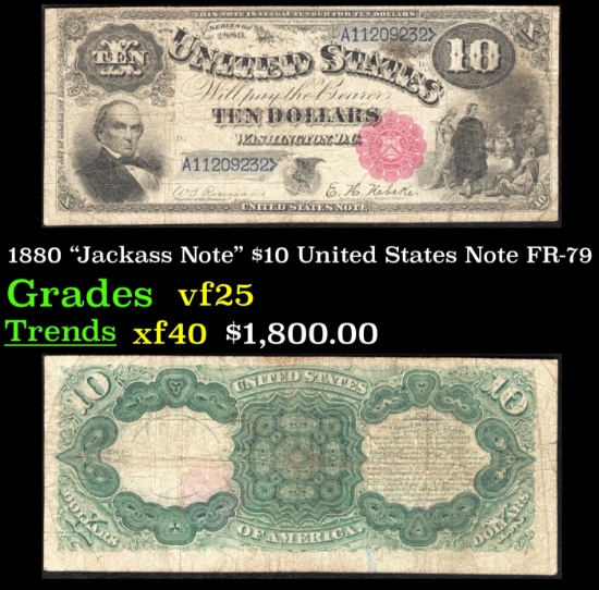 1880 $10 United States Note "Jackass Note" Grades vf+ FR-79