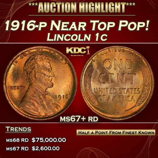 1916-p Lincoln Cent Near Top Pop! 1c ms67+ rd SEGS