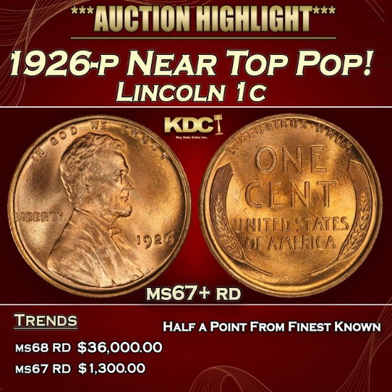 1926-p Lincoln Cent Near Top Pop! 1c ms67+ rd SEGS