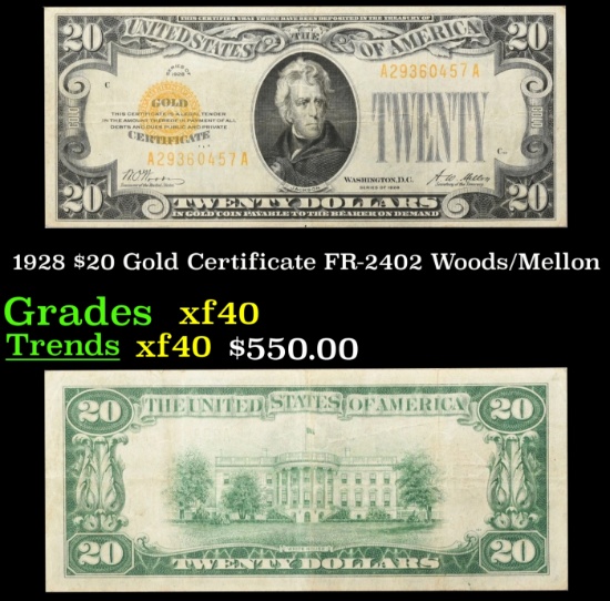1928 $20 Gold Certificate FR-2402 Woods/Mellon Grades xf