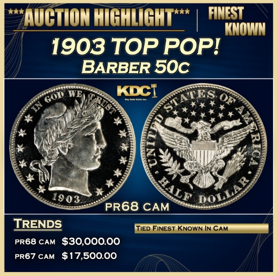 1903 Proof Barber Half Dollars TOP POP! 50c pr68 cam SEGS