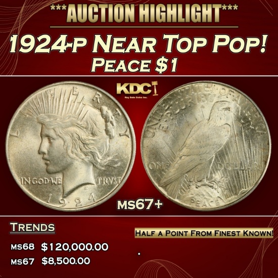 1924-p Peace Dollar Near Top Pop! $1 ms67+ SEGS