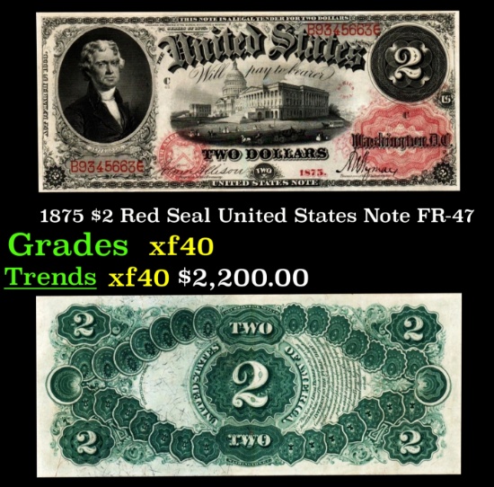 1875 $2 Red Seal United States Note Grades xf FR-47
