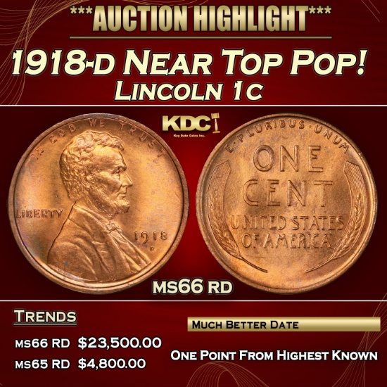 1918-d Lincoln Cent Near Top Pop! 1c ms66 rd SEGS