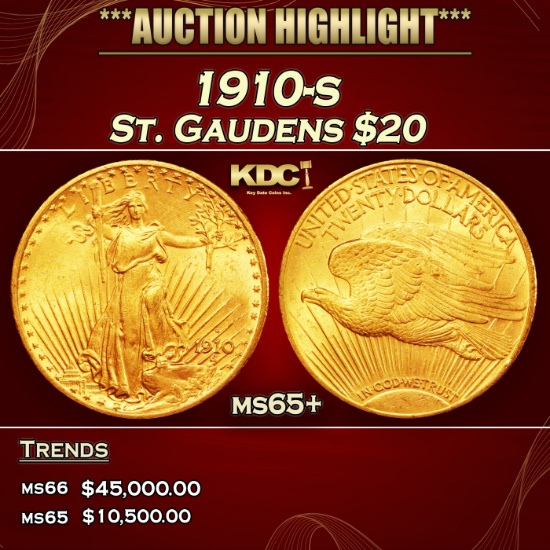 1910-s Gold St. Gaudens Double Eagle $20 ms65+ SEGS