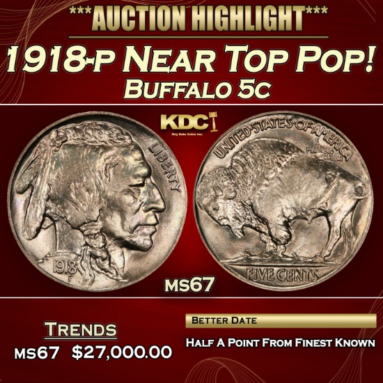 1918-p Buffalo Nickel Near Top Pop! 5c ms67 SEGS