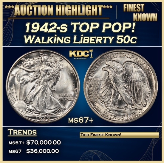 1942-s Walking Liberty Half Dollar TOP POP! 50c ms67+ SEGS