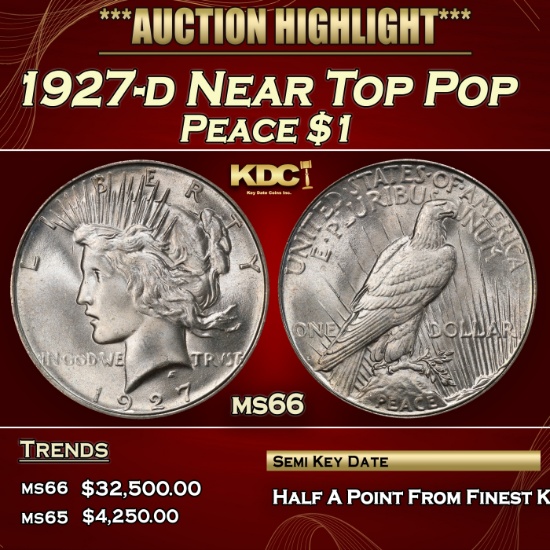 1927-d Peace Dollar Near Top Pop $1 ms66 SEGS