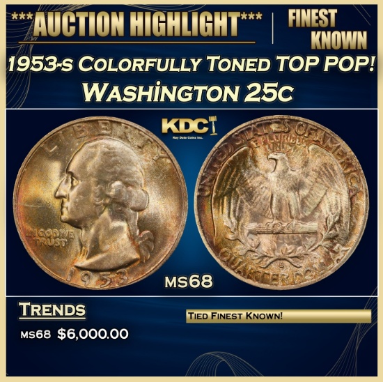 1953-s Washington Quarter Colorfully Toned TOP POP! 25c ms68 SEGS
