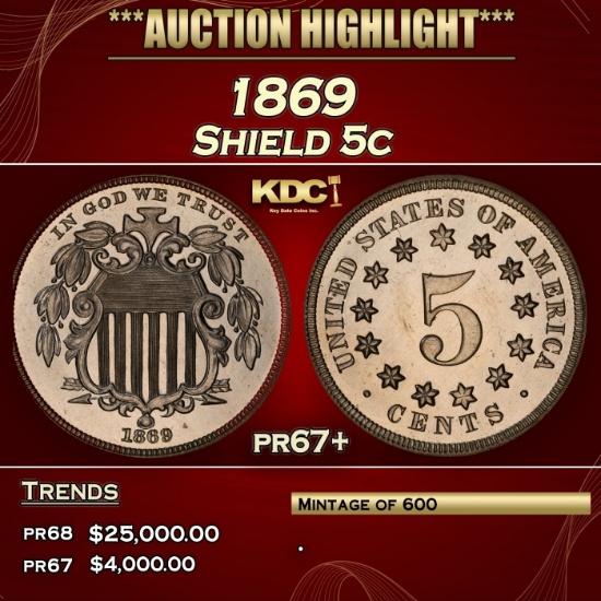 1869 Proof Shield Nickel 5c Grades pr67+