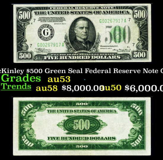 1934a $500 Green Seal Federal Reserve Note President McKinley Chicago, IL Grades Select AU FR-2202G