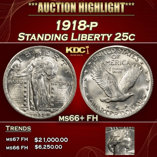 1918-p Standing Liberty Quarter 25c ms66+ FH SEGS