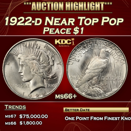 1922-d Peace Dollar Near Top Pop $1 ms66+ SEGS