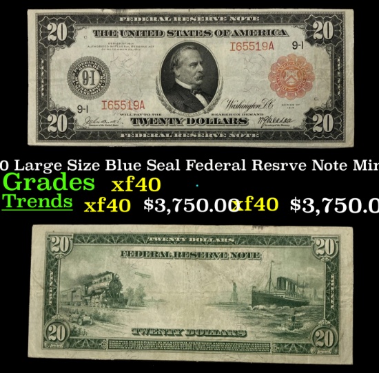 1914 $20 Large Size Blue Seal Federal Resrve Note Grades xf Minneapolis