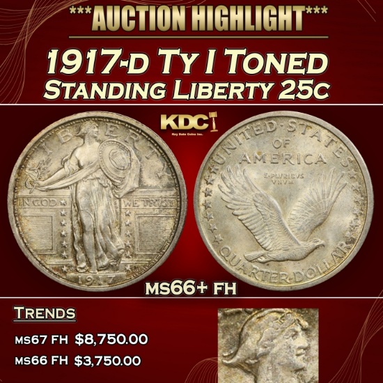 1917-d Ty I Standing Liberty Quarter Toned 25c ms66+ fh SEGS