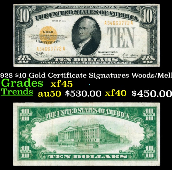 1928 $10 Gold Certificate Signatures Woods/Mellon Grades xf+