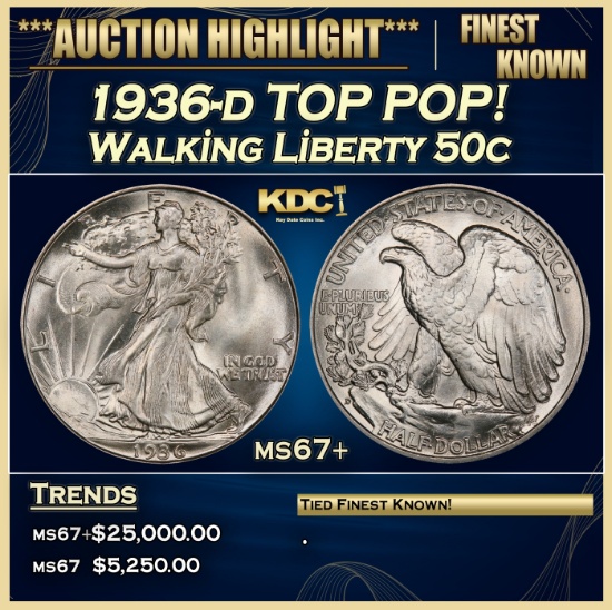 1936-d Walking Liberty Half Dollar TOP POP! 50c ms67+ SEGS