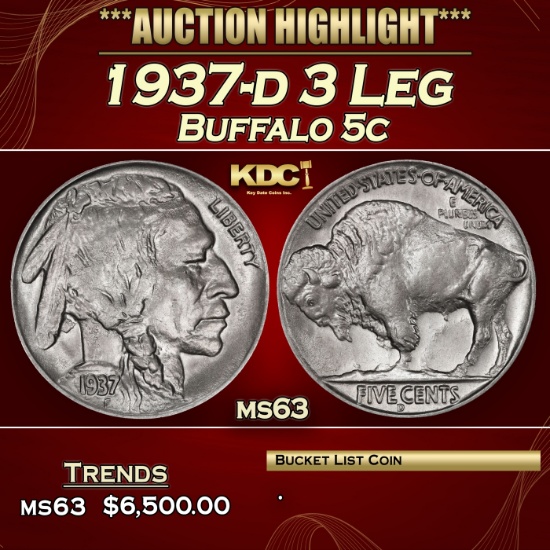 1937-d 3 Leg Buffalo Nickel 5c ms63 USCG