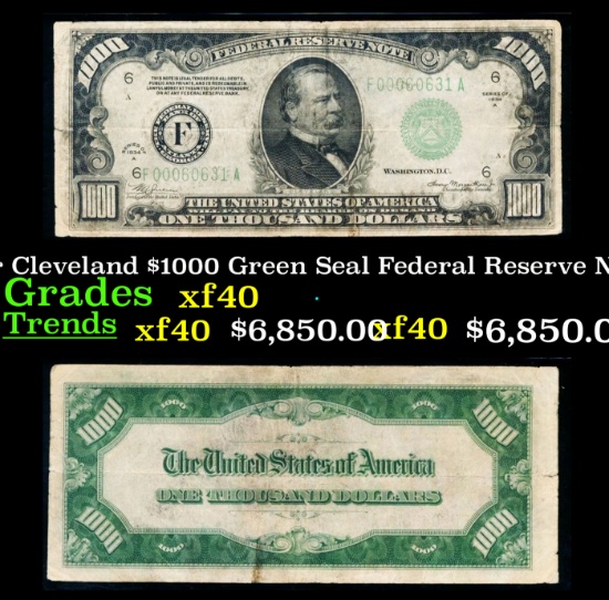 1934A $1000 Green Seal Federal Reserve Note President Grover Cleveland Atlanta, GA Grades xf FR-2212