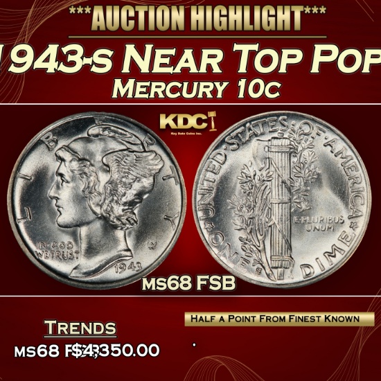 1943-s Mercury Dime Near Top Pop! 10c ms68 FSB SEGS