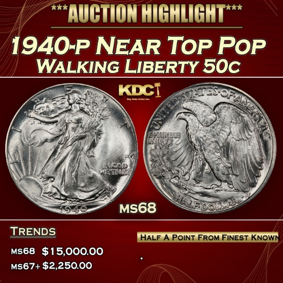 1940-p Walking Liberty Half Dollar Near Top Pop 50c ms68 SEGS
