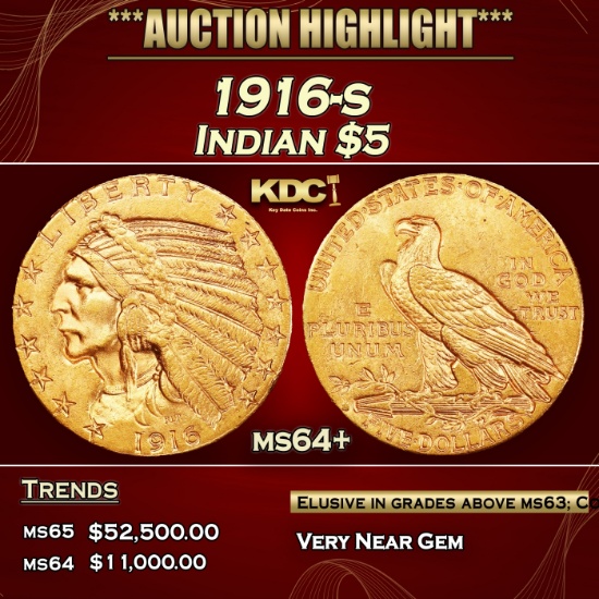 1916-s Gold Indian Half Eagle $5 ms64+ USCG