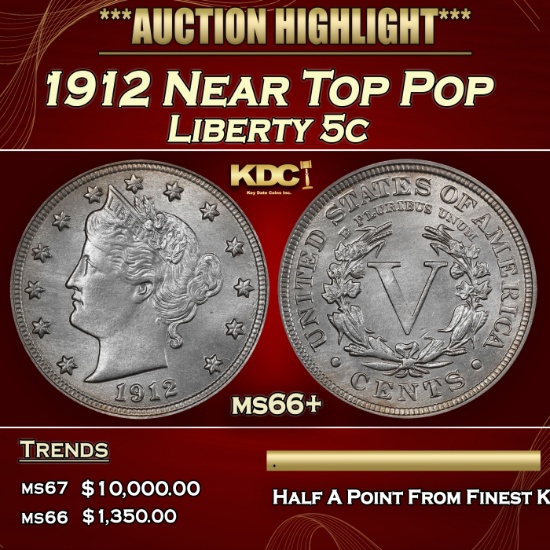 1912 Liberty Nickel Near Top Pop 5c ms66+ SEGS