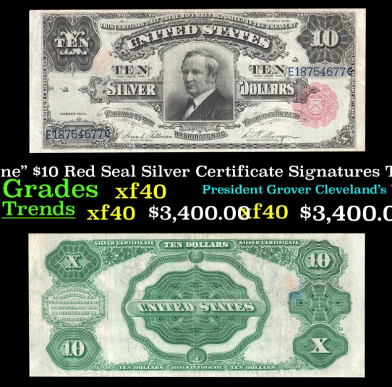 1891 $10 Red Seal Silver Certificate "Tombstone" Grades xf Signatures Tillman/Morgan