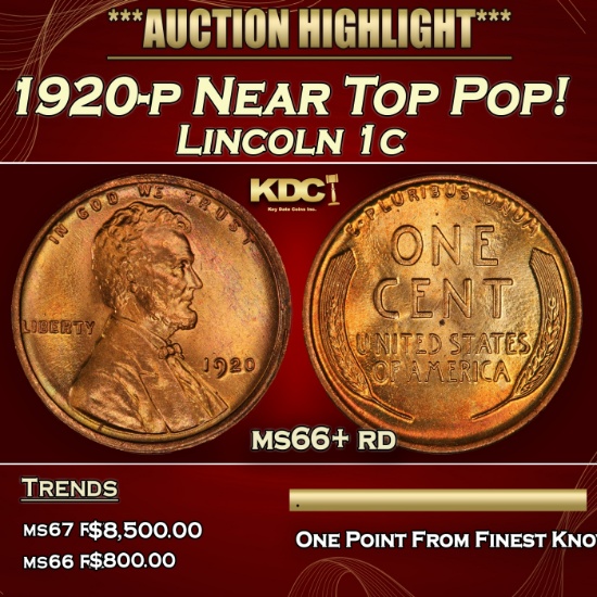 1920-p Lincoln Cent Near Top Pop! 1c ms66+ rd SEGS