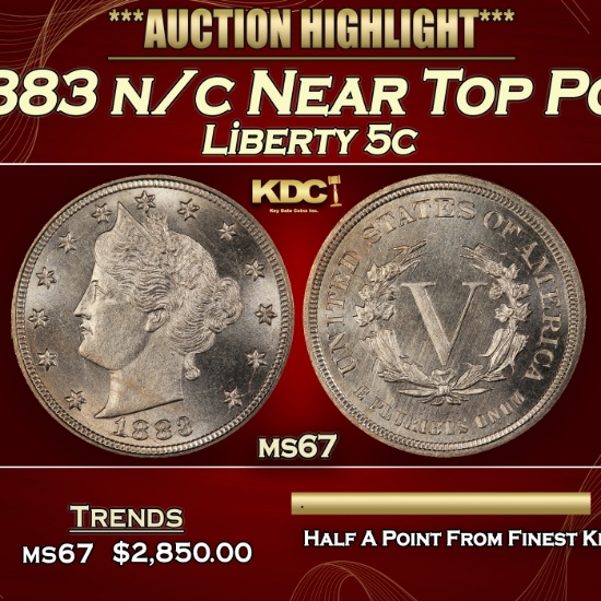 1883 n/c Liberty Nickel Near Top Pop 5c ms67 SEGS