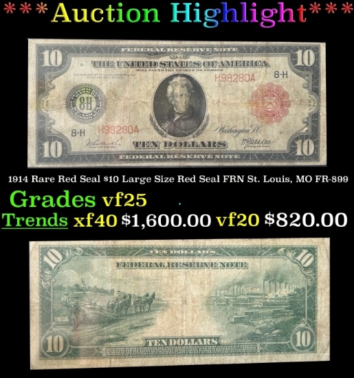 1914 $10 Large Size Red Seal FRN Rare Red Seal St. Louis, MO Grades vf+ FR-899