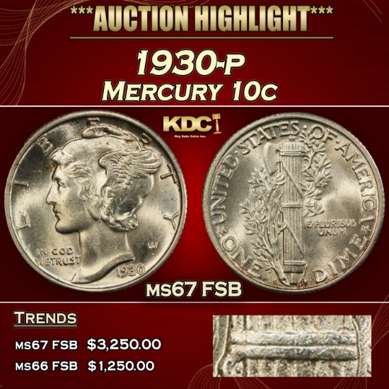 1930-p Mercury Dime 10c ms67 FSB SEGS